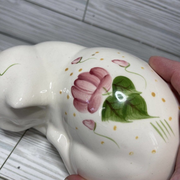 Vintage Hand Painted Pink Green Floral Ceramic Sleeping Cat Kitten - Picture 5 of 8